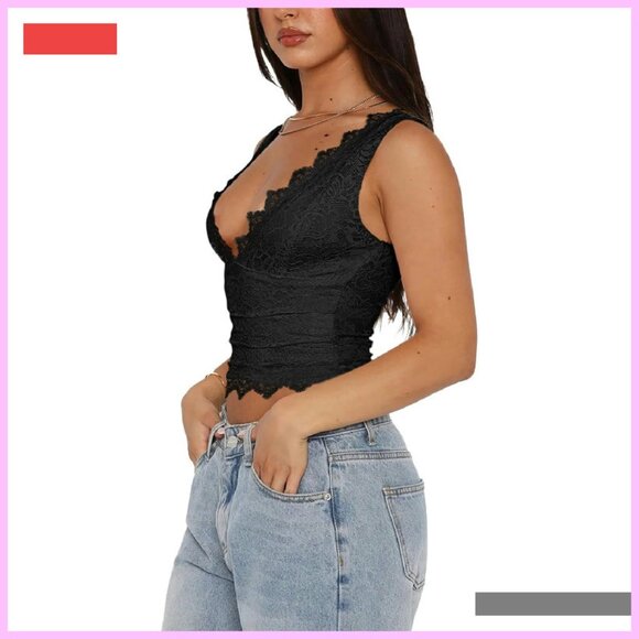 Sexy V-Neck Sleeveless Lace Cropped Tank Top Y2K Trendy - Picture 3 of 4